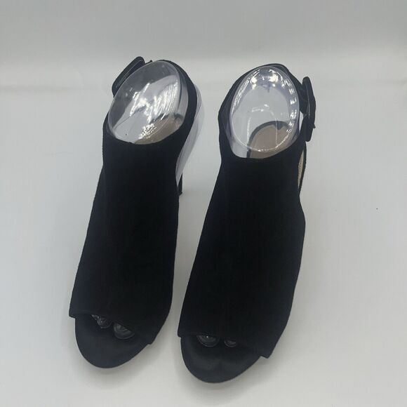 Via Spiga 6.5 Black Suede Peep Toe Buckle Strap Heels - Picture 2 of 7